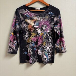 Cactus Womens All Over Bird Graphic Print Top Size L Art to Wear Hippie Bohemian